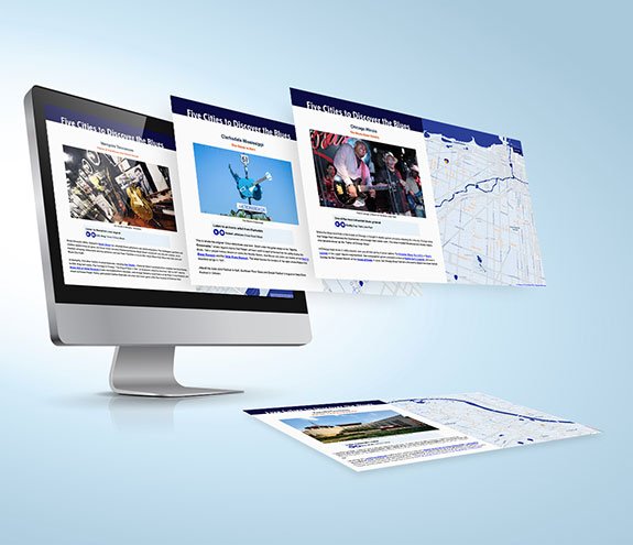 Five Cities to Discover the Blues interactive web experience showing desktop and mobile views with MapBox map integration.
