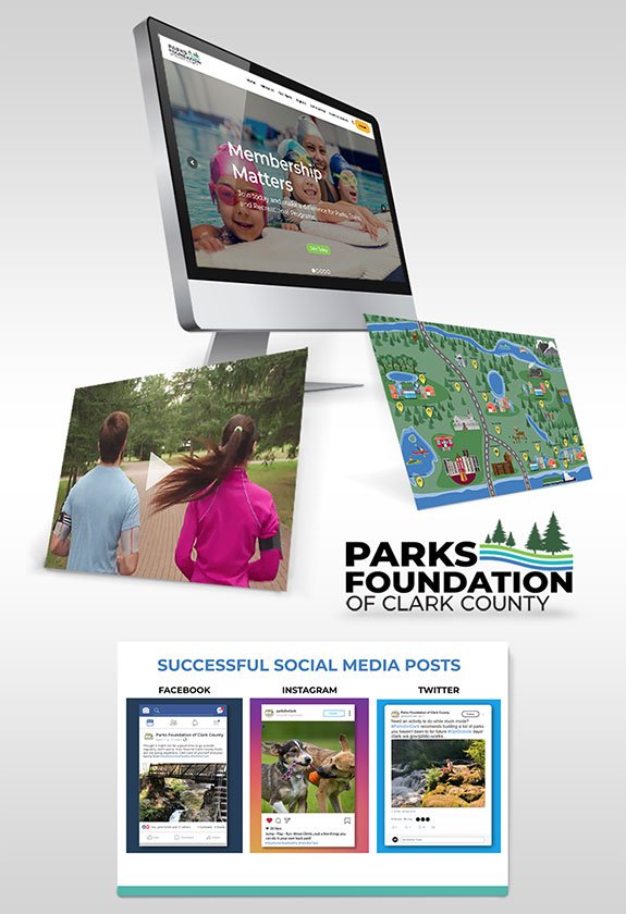 Parks For Clark website displayed on desktop and mobile devices with social media posts
