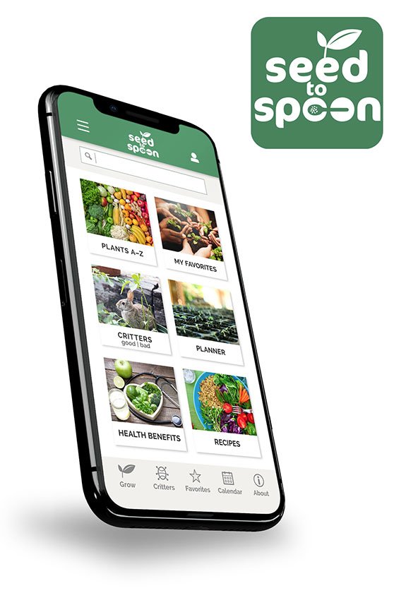 Seed To Spoon mobile app interface showing plant categories and gardening features and new logo design.