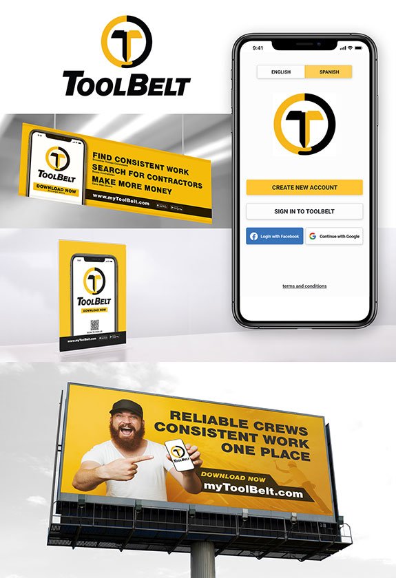 ToolBelt bilingual branding materials developed for in-store and out-of-home marketing campaigns and mobile app sign in screen