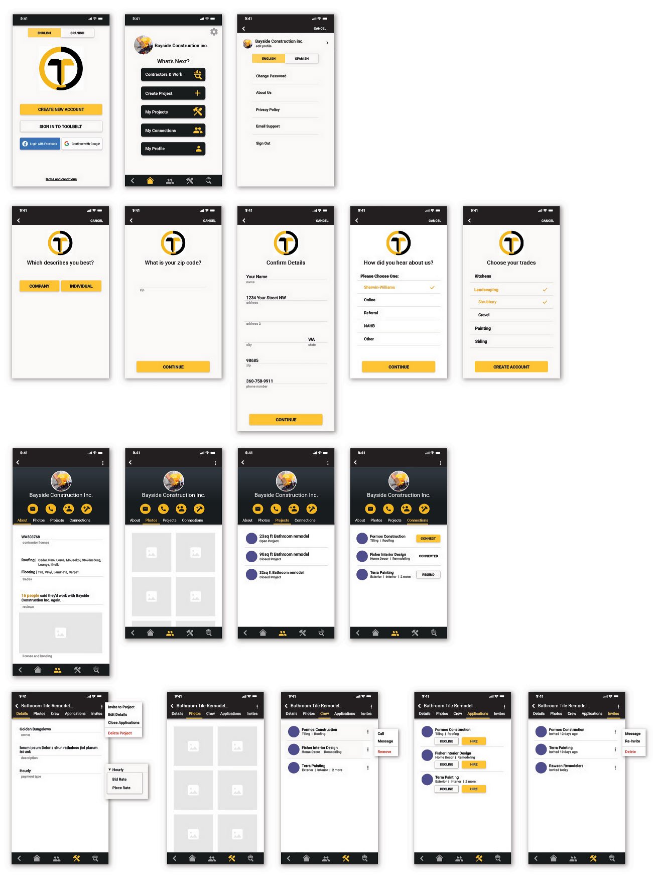 Multiple mobile app screen designs showing various features and interfaces